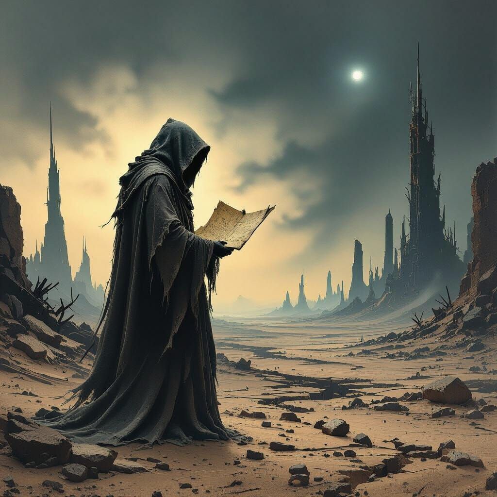 Hooded Figure in Wasteland, Dark Fantasy Landscape
