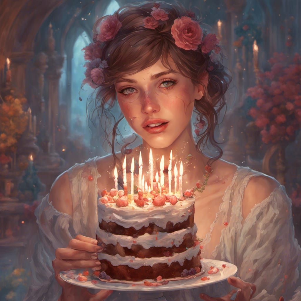 Woman Eating Cake Portrait in Art Nouveau Style