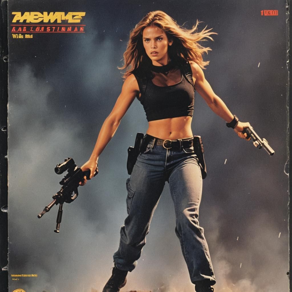 cover of a 90s vhs tape of an action movie with a beautiful ...