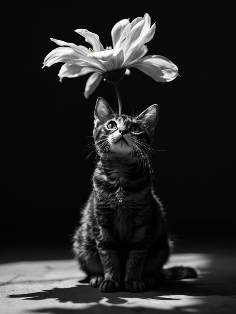 Adorable Cat Under Flower in Luminous Monochrome