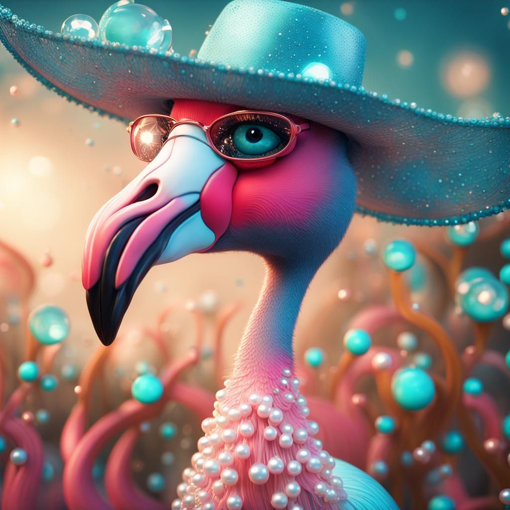 Whimsical Flamingo with Blue Eyes and Pearls