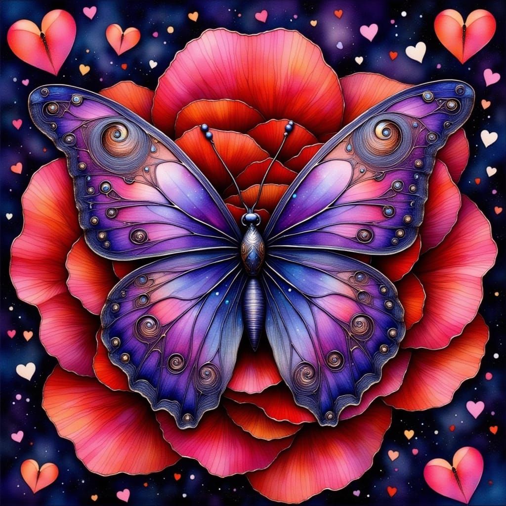 Ethereal Art Nouveau Butterfly Amidst Rose Petal and Confett...