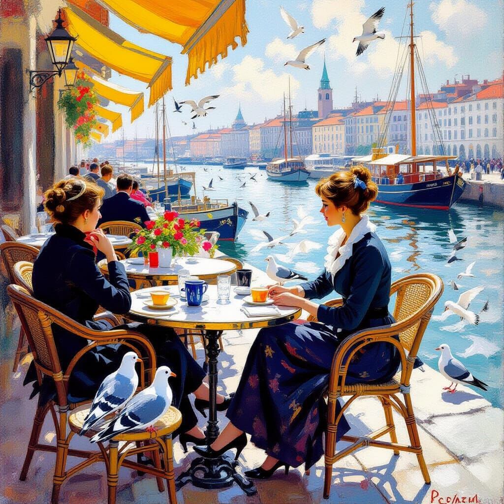 Harbor Scene with Woman and Birds in Watercolor Style