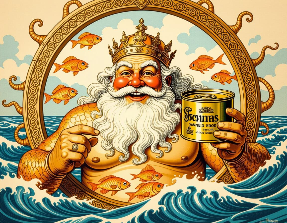 Surreal 1900s Canned Food Ad with Triton
