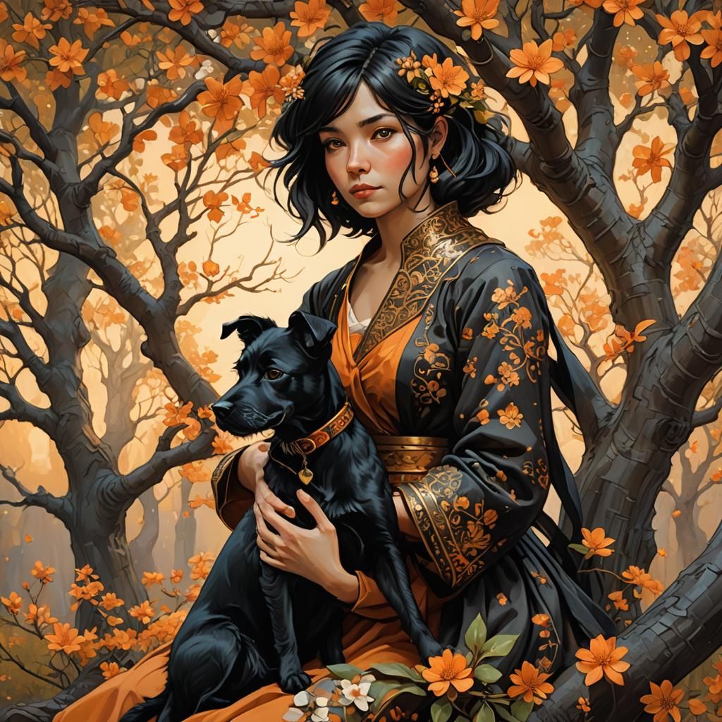 Fantasy Woman and Terrier in Whimsical Matte Painting