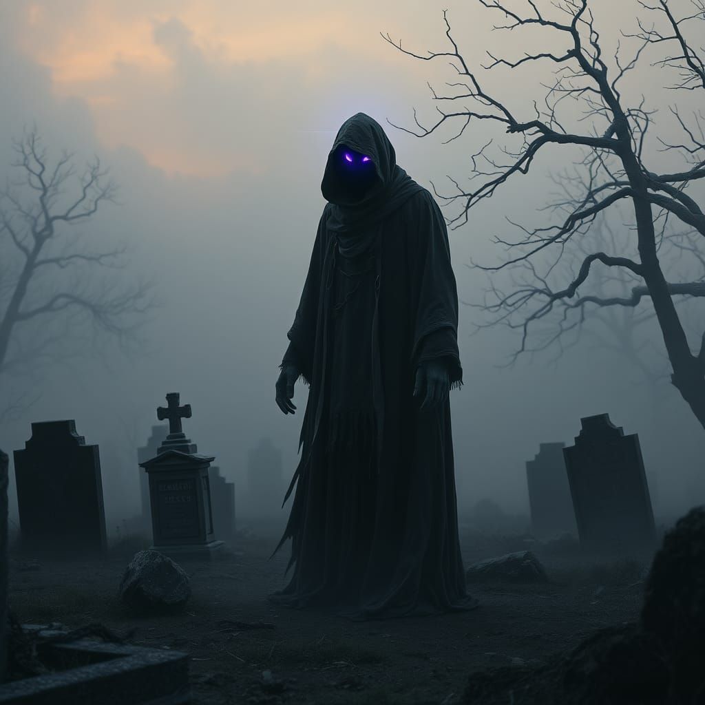 Ethereal Purple Figure Haunting Graveyard in Cinematic Style