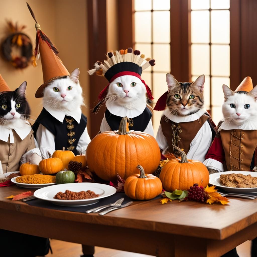 Cats Celebrate Thanksgiving as Pilgrims and Native Americans