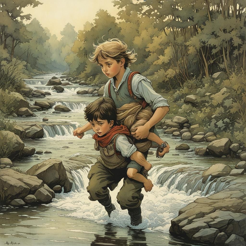 Brother and Sister in Stream, Fantasy Illustration