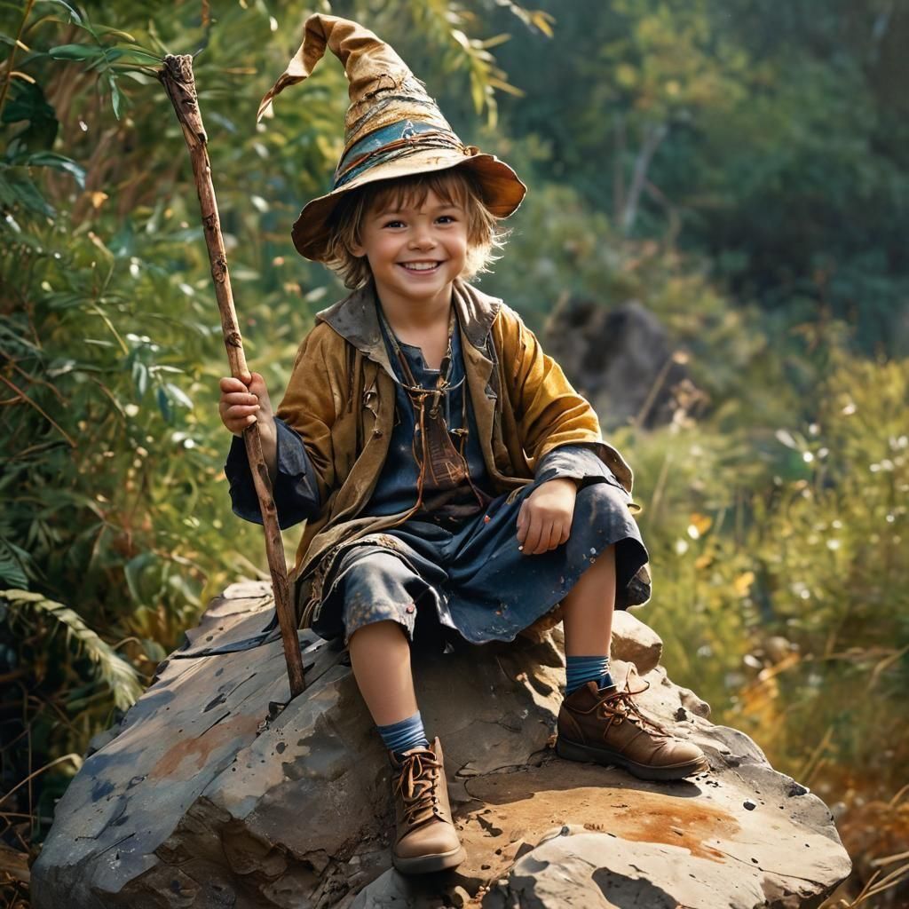 Watercolor Portrait of a Young Wizard in Forest