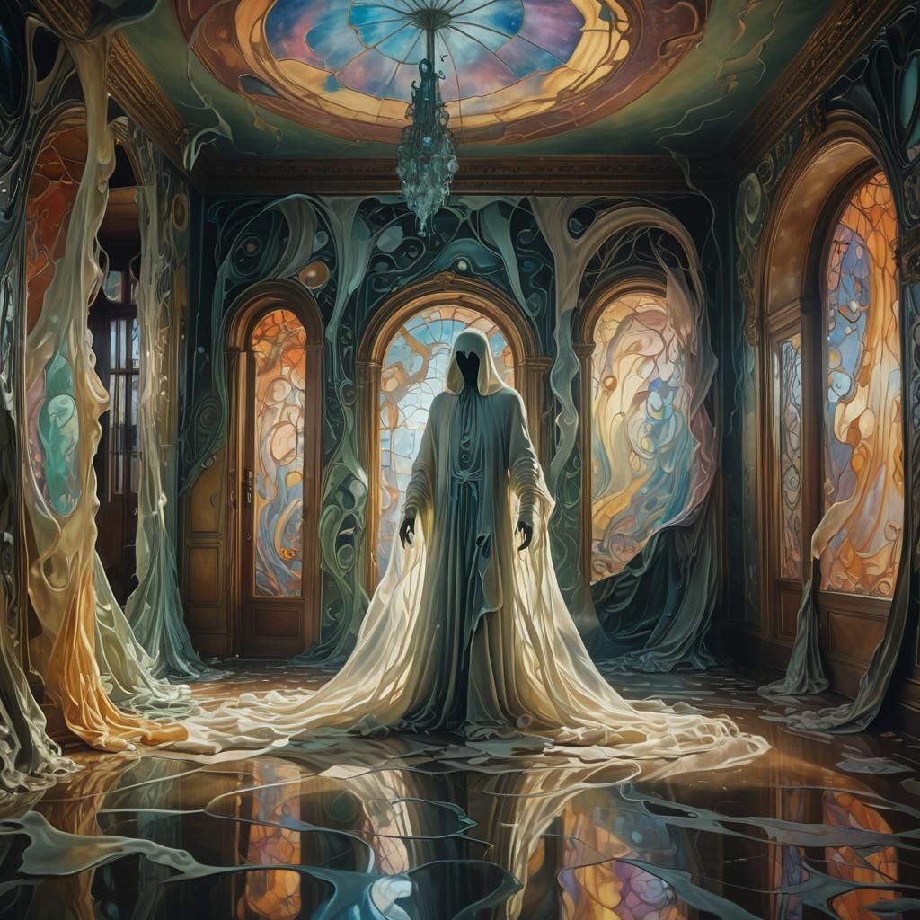 Ghostly Figure in Warped Dreamscape: Surrealist Oil Painting