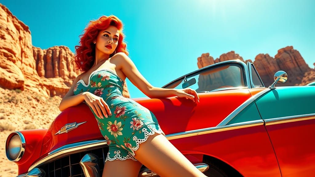 Vibrant Retro Pin-up Girl in Turquoise Romper, Beside Vintag...