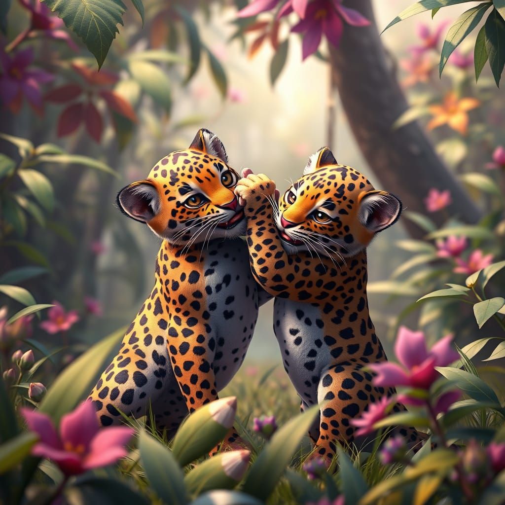 Vibrant Jungle Playfight Scene in 3D Anime Style