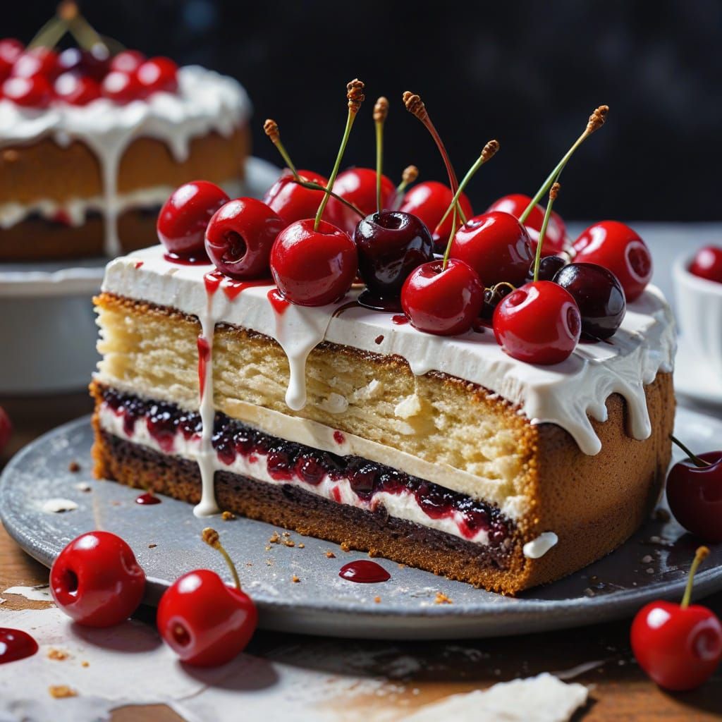 Macro Cherry Cake Crust in Gouache Style