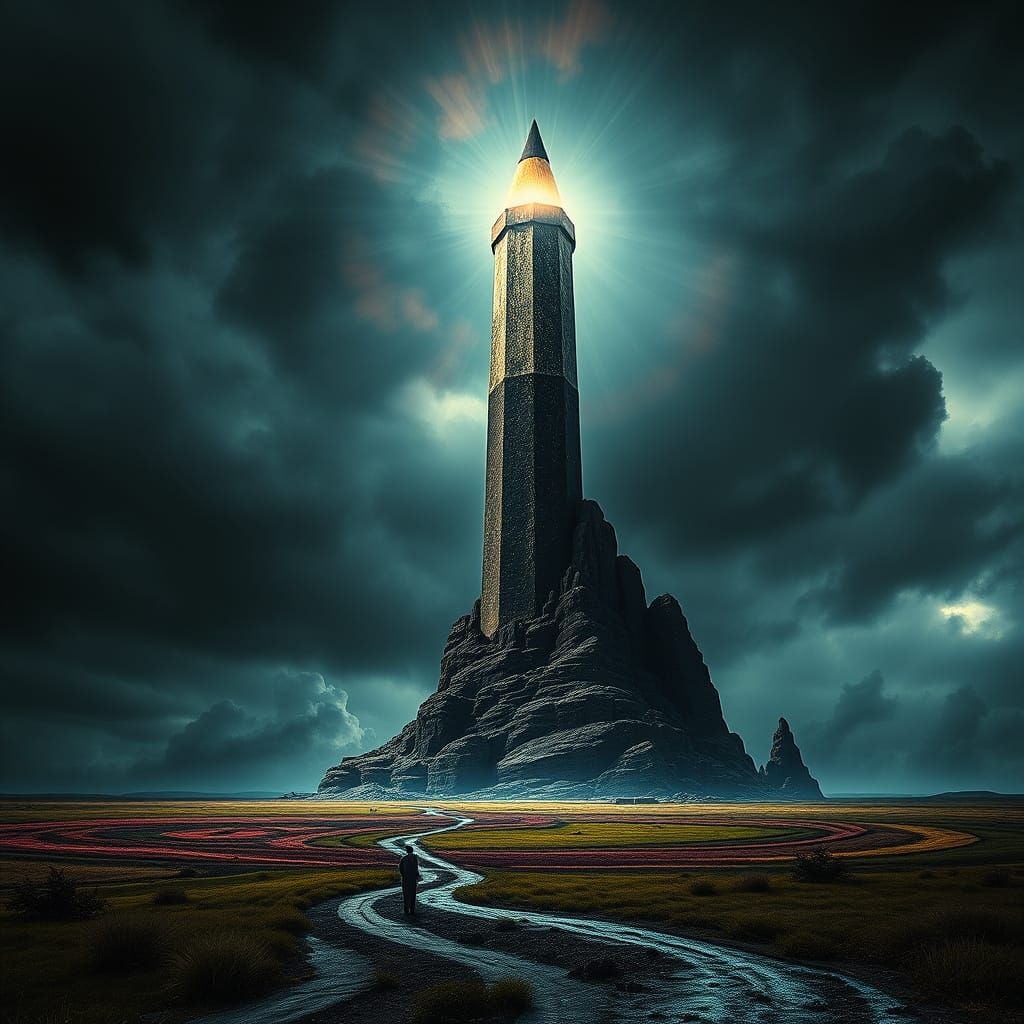 Surreal Pencil Lighthouse on Stormy Plain