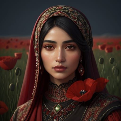 Afghan Woman in Poppies: A Digital Oil Painting