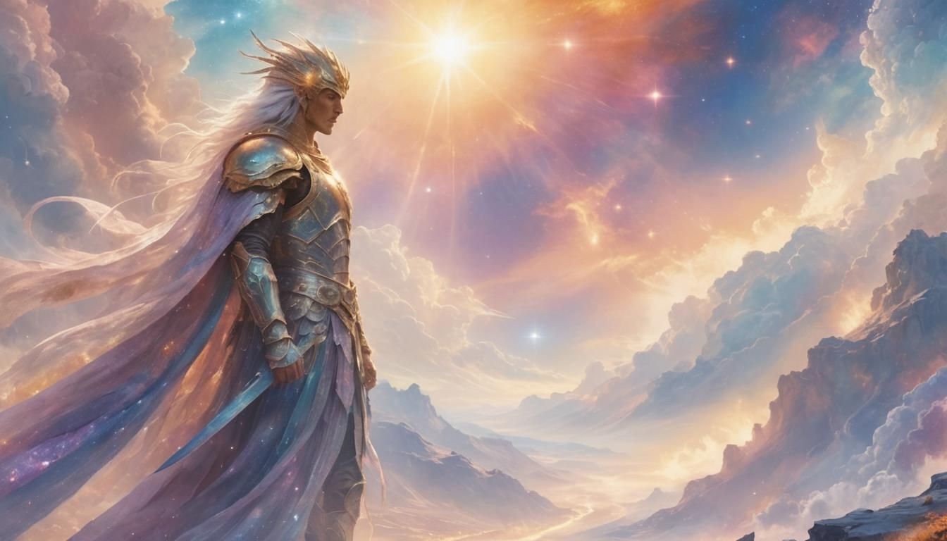 Celestial Warrior in Cosmic Fantasy Landscape