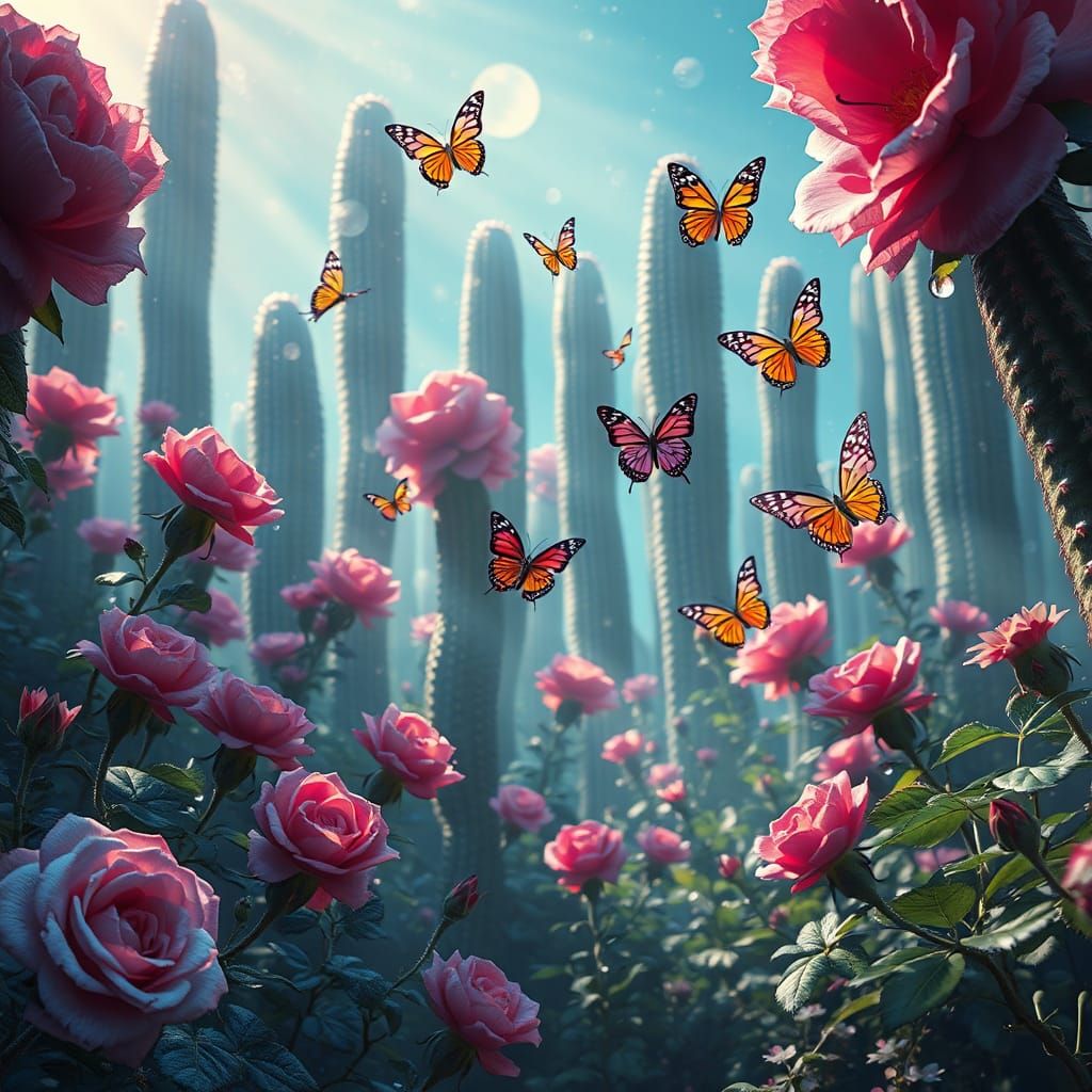 Butterflies and Roses in a Cactus Garden