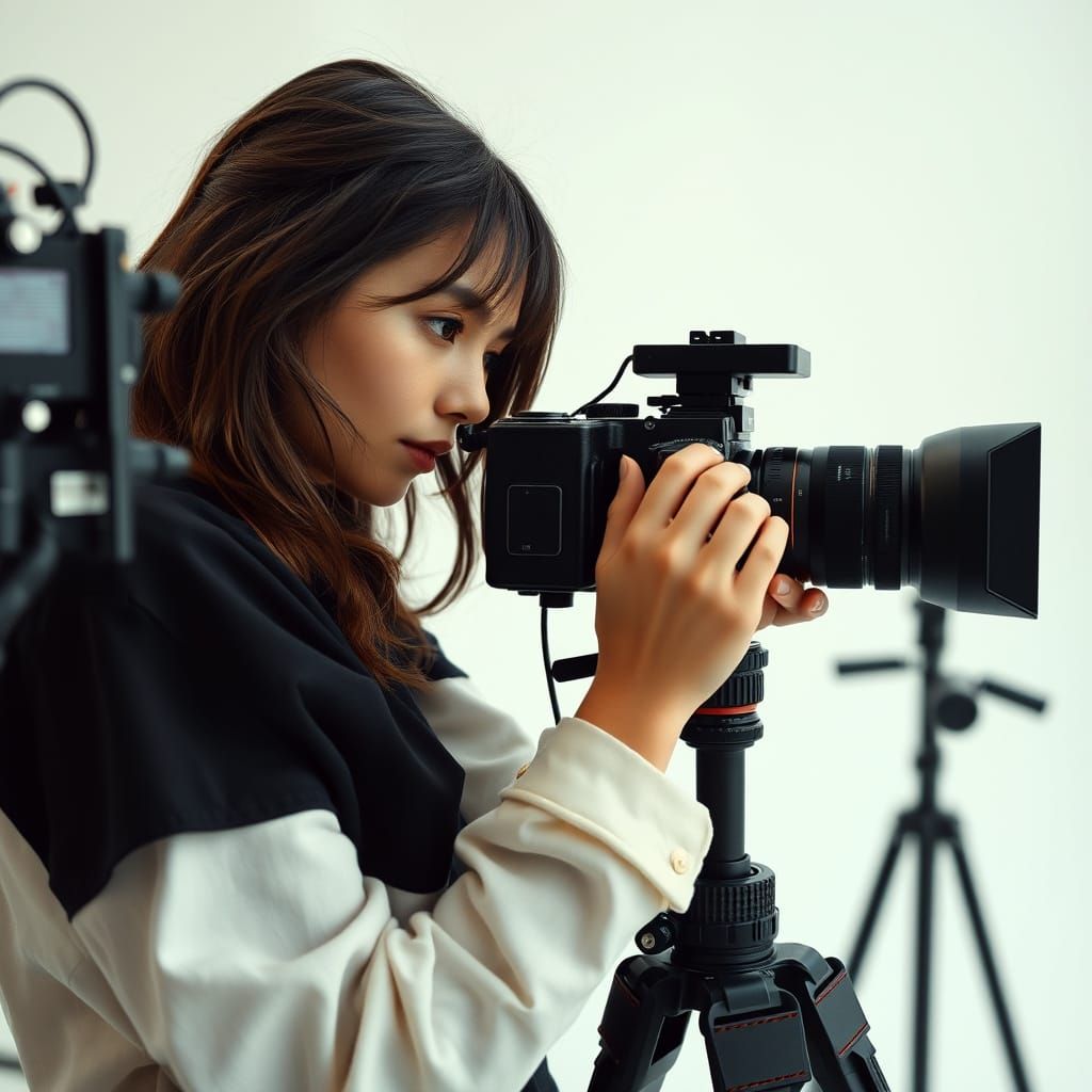 Focused Photographer in Studio with Medium Format Camera