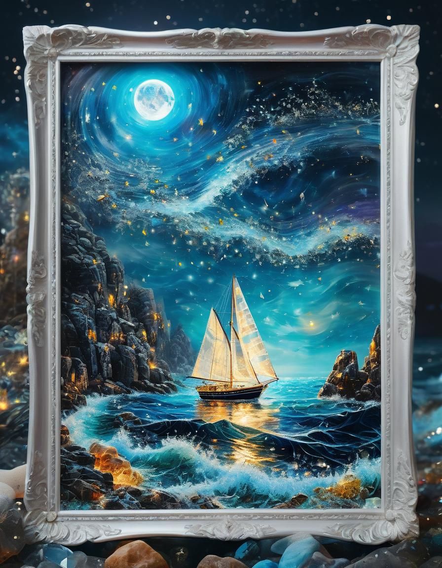 Crystal Sailboat on Starry Sea: Diamond Painting