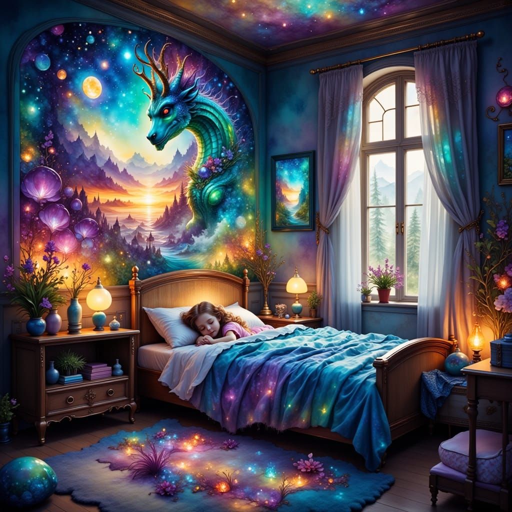 Futuristic Child's Bedroom with Holographic Mythical Creatur...