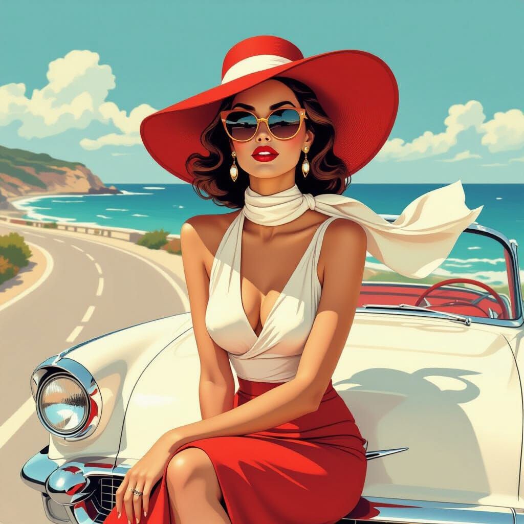 Glamorous Woman in Convertible, Vintage Illustration