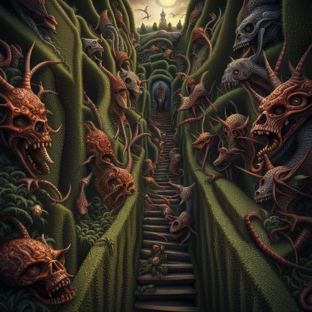Demons Chase People Through Ornate Hedge Maze