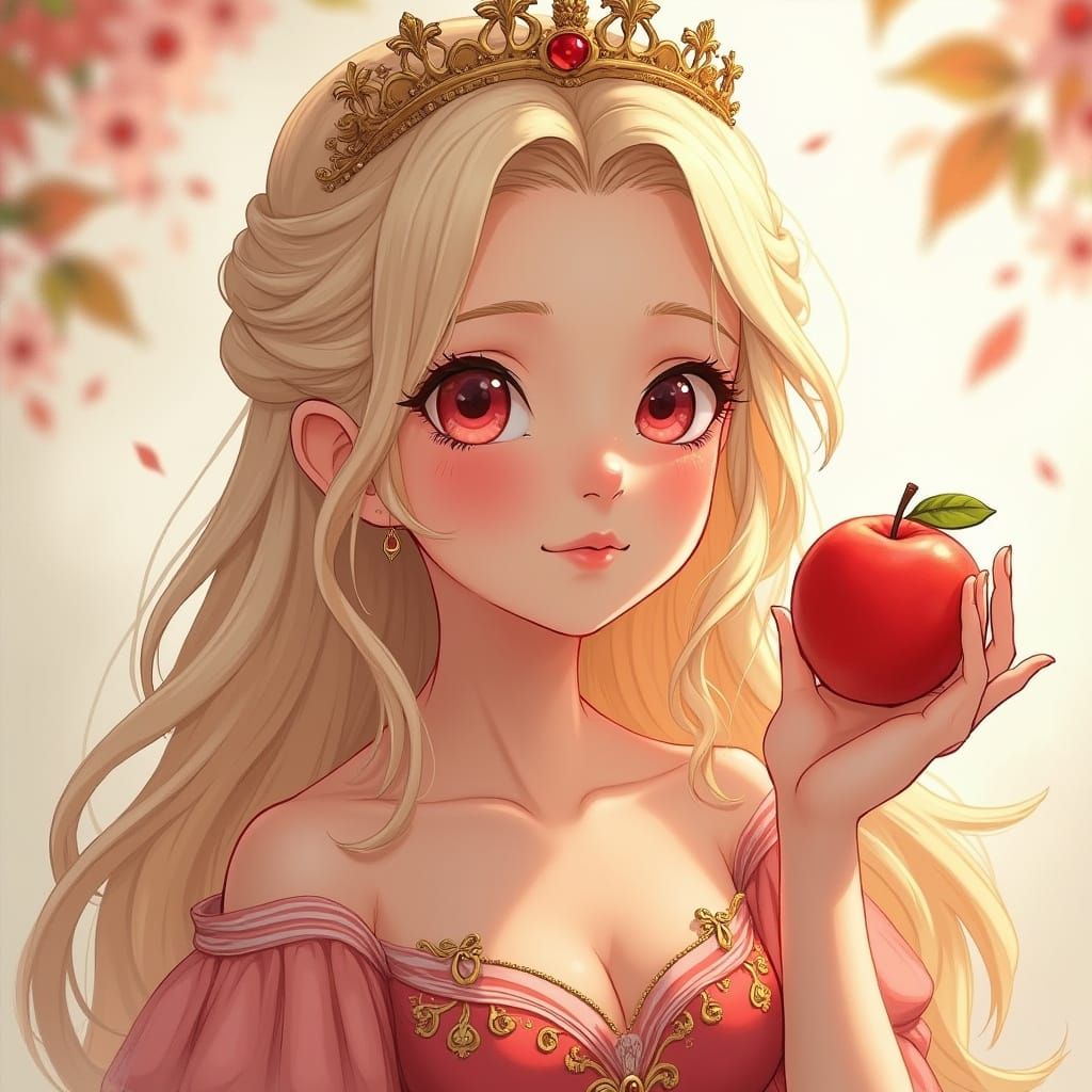 Fair Maiden with Red Eyes and Long Hair Holds a Red Apple in...