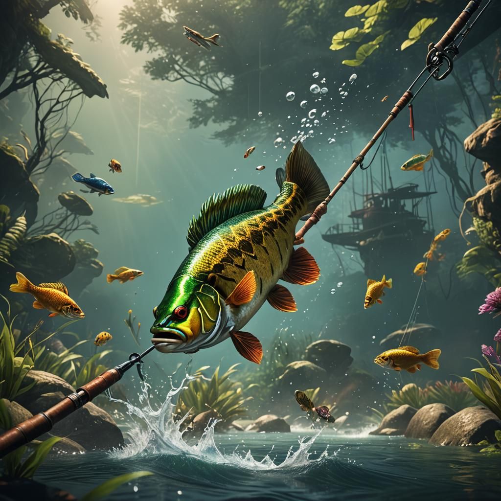 Peacock Bass Attacks Fishing Rod in Detailed Painting