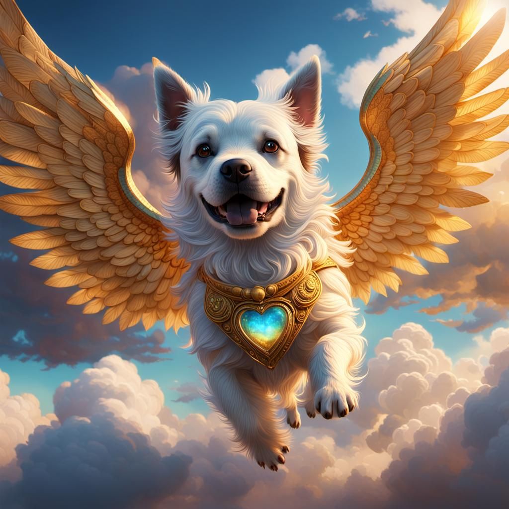 Winged Dog Soaring in Mystical Sky: Fantasy Art