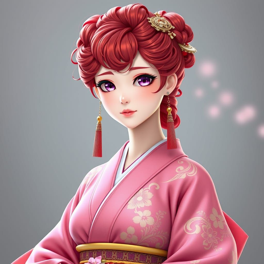 Vibrant Japanese Princess in Pink Kimono with Whimsical Touc...
