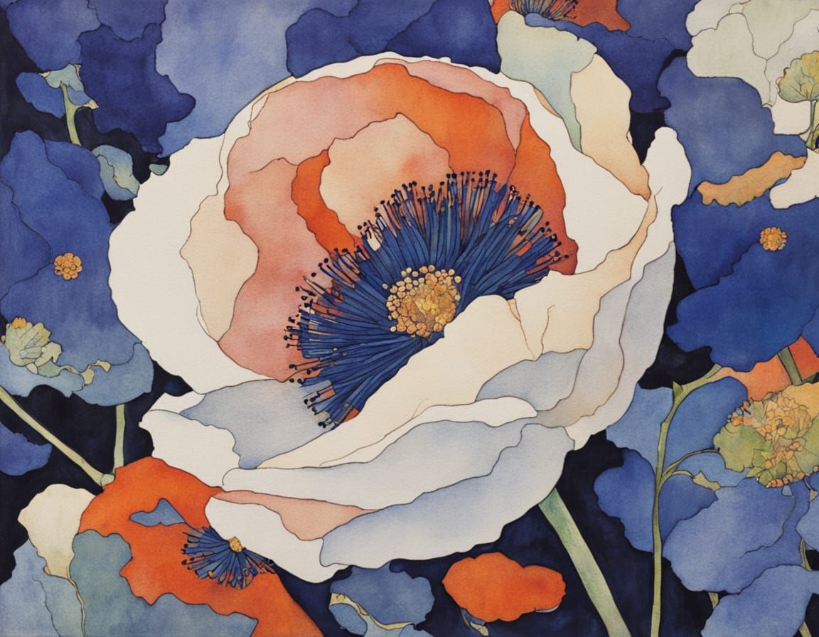 Indigo Poppy Blossom in Abstract Art Style