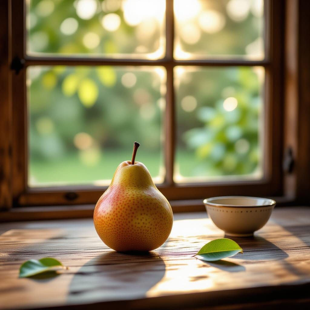 Ripe Pear on Rustic Table in Soft Window Light