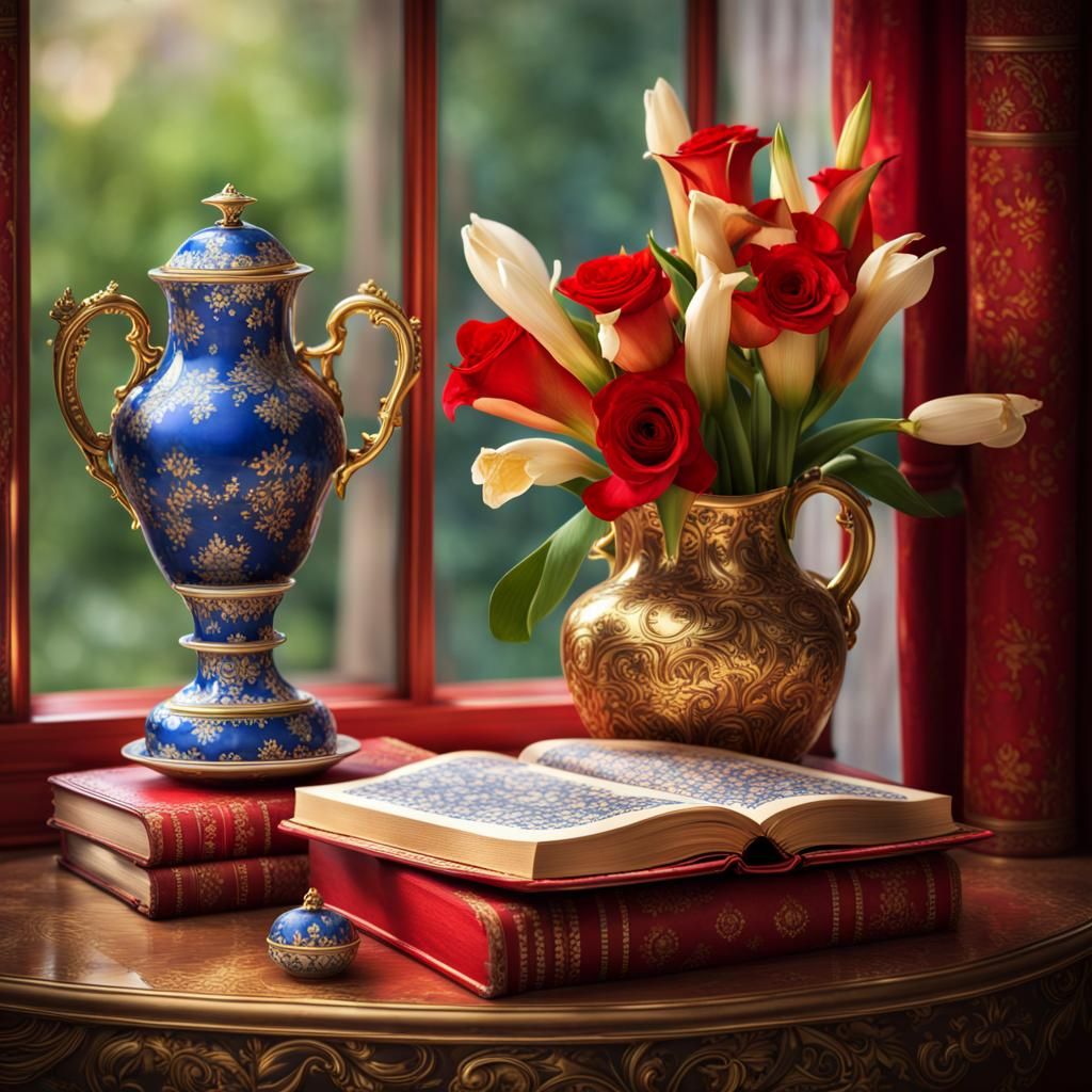 Luxurious Antique Books with Flowers and Jewels