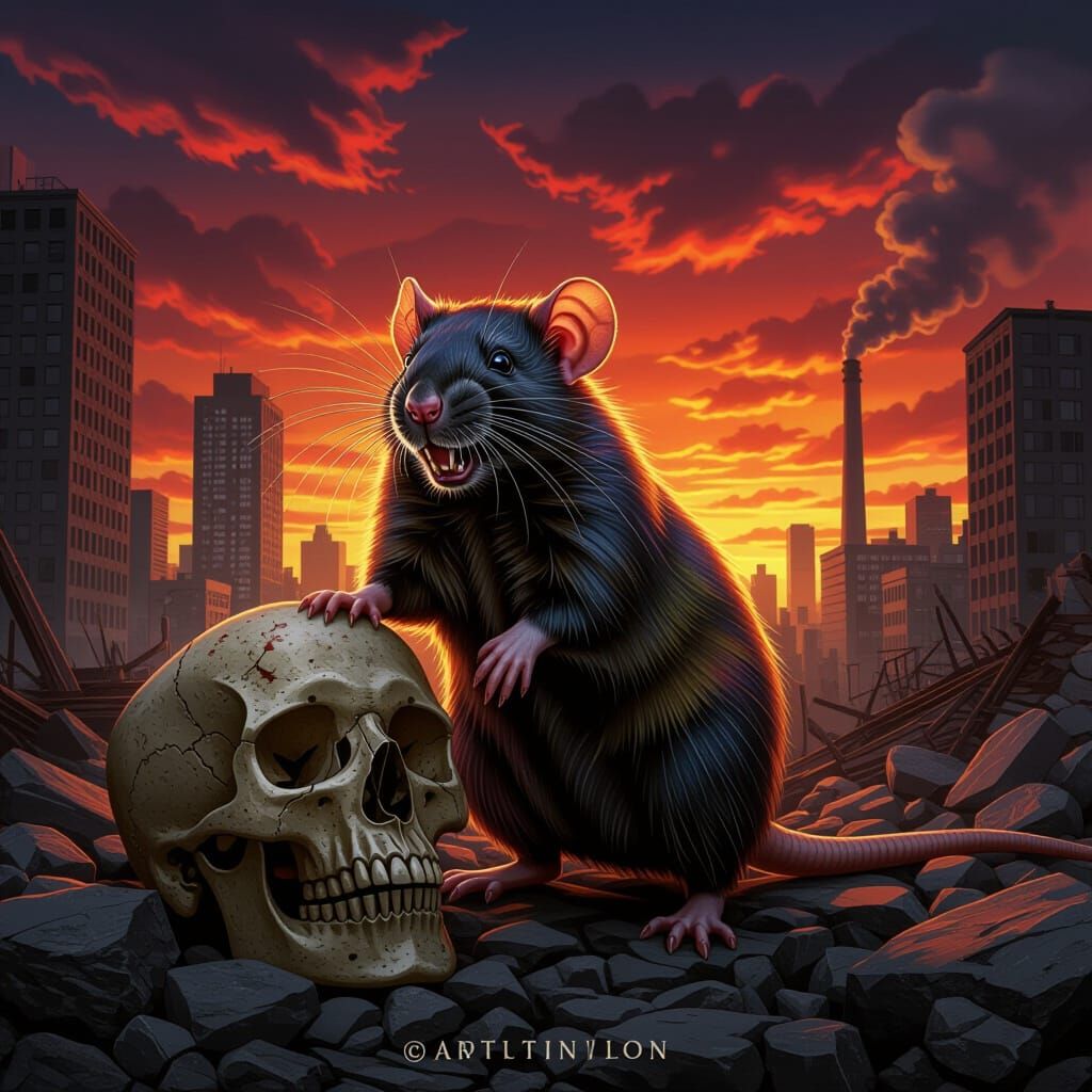 Rat and Skull in Dystopian Cityscape