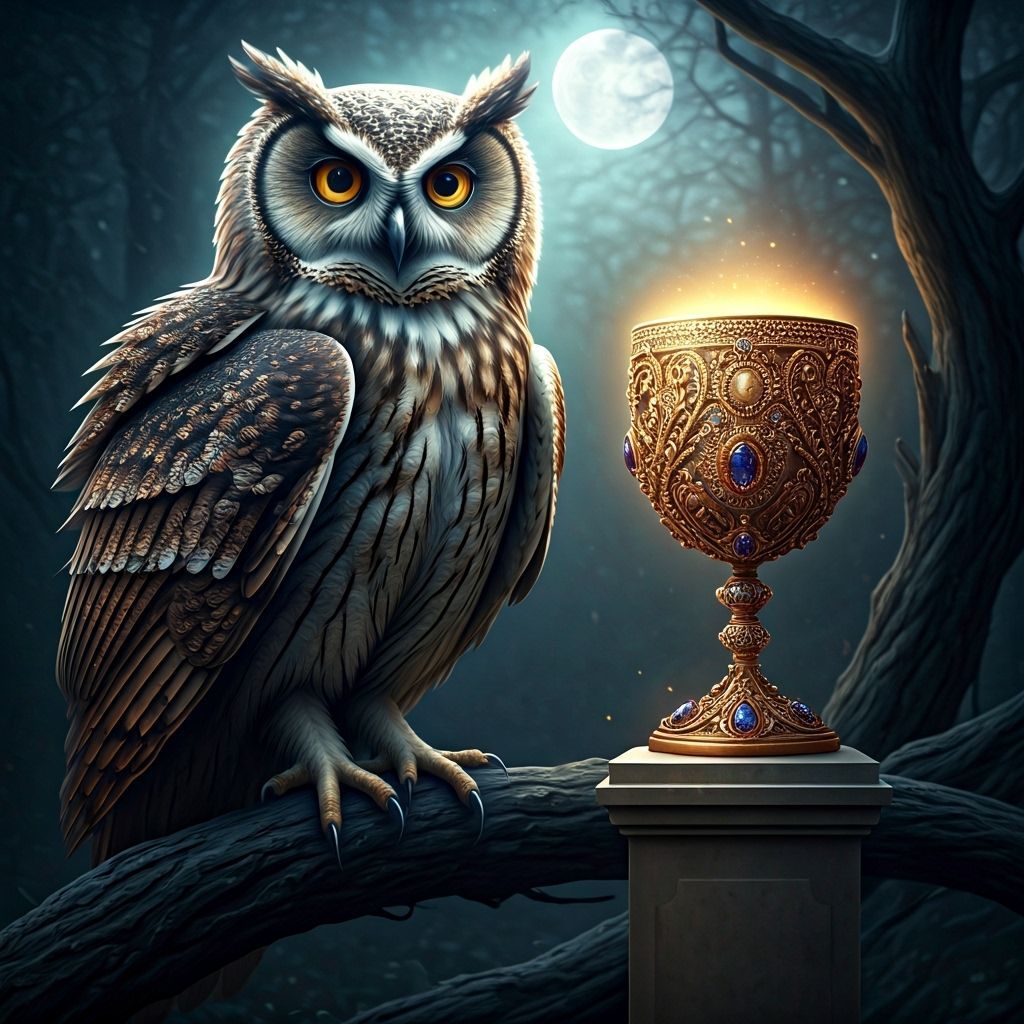 Ancient Owl and Gemmed Goblet in Moonlit Forest