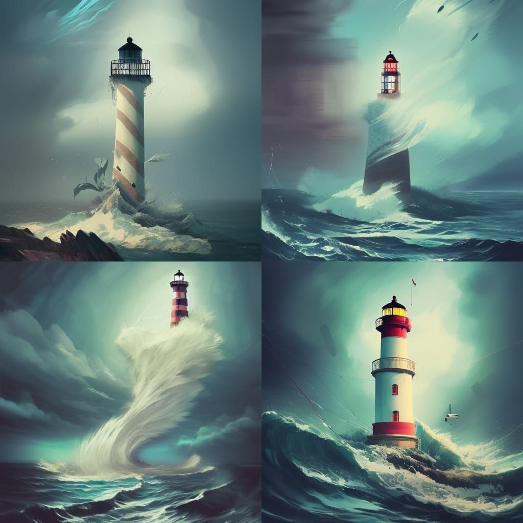 Collapsing Lighthouse Painting in Studio Ghibli Style