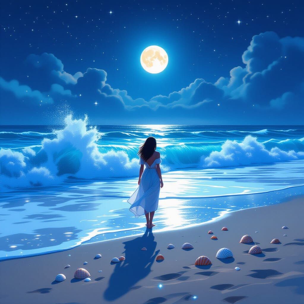Bioluminescent Beach Scene in Dreamy Style