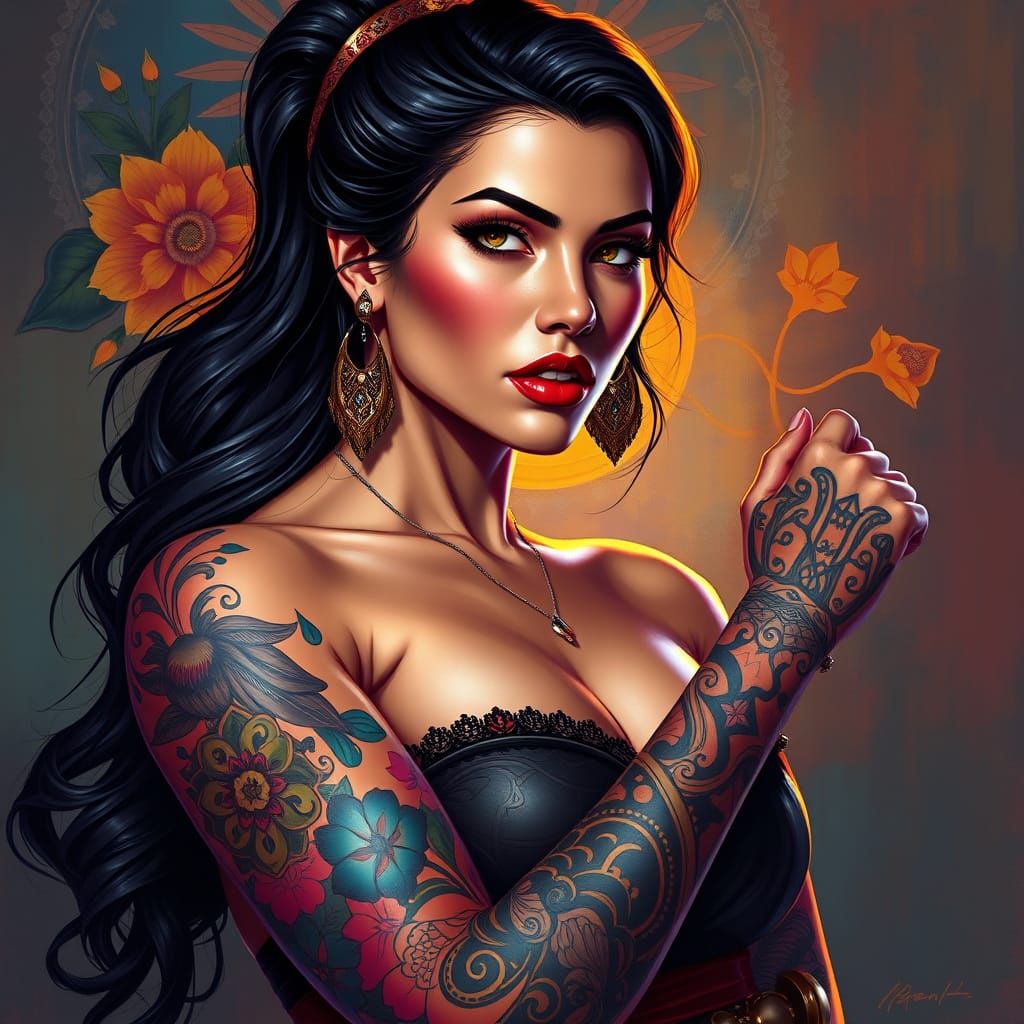 Sultry Woman with Tattoos in Hyper-Realistic Comic Book Styl...