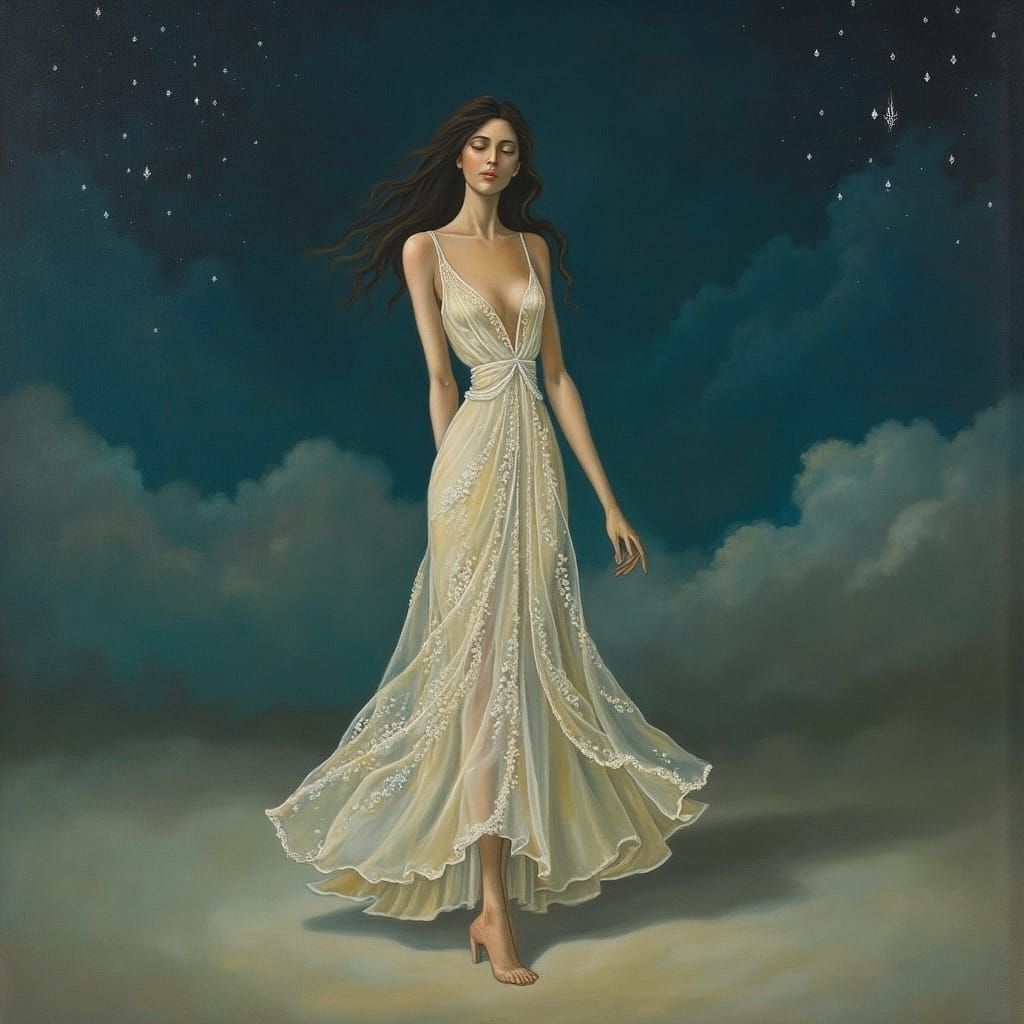 Woman Walks in Starry Night, Pre-Raphaelite Style