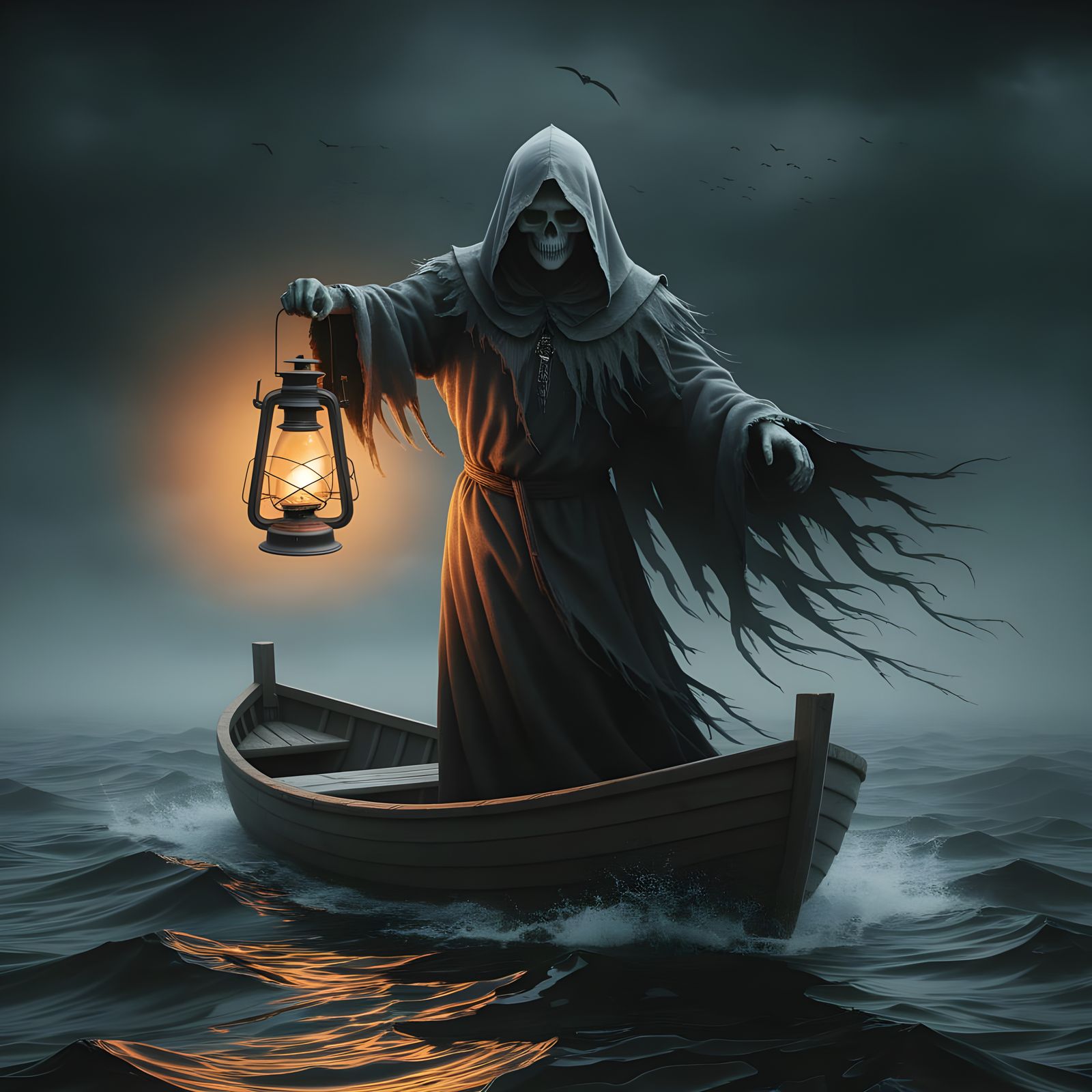 Grim Reaper on Misty Sea with Lantern