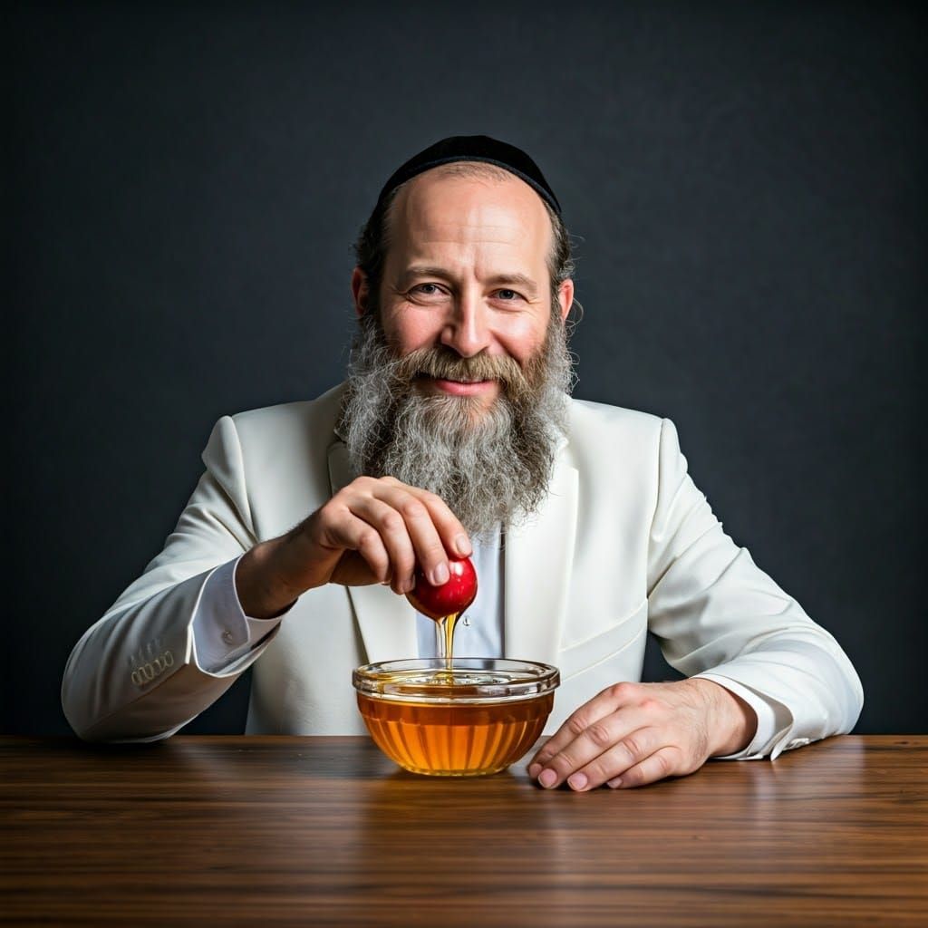 Joyful Ultra-Orthodox Jew Dipping Apple in Honey