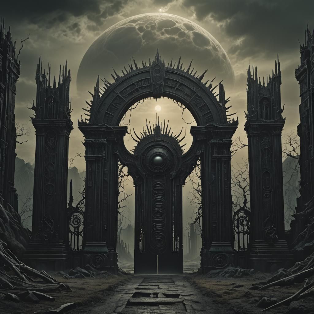 Mystical Gates Under Dark Sun: A Dark Fantasy Painting