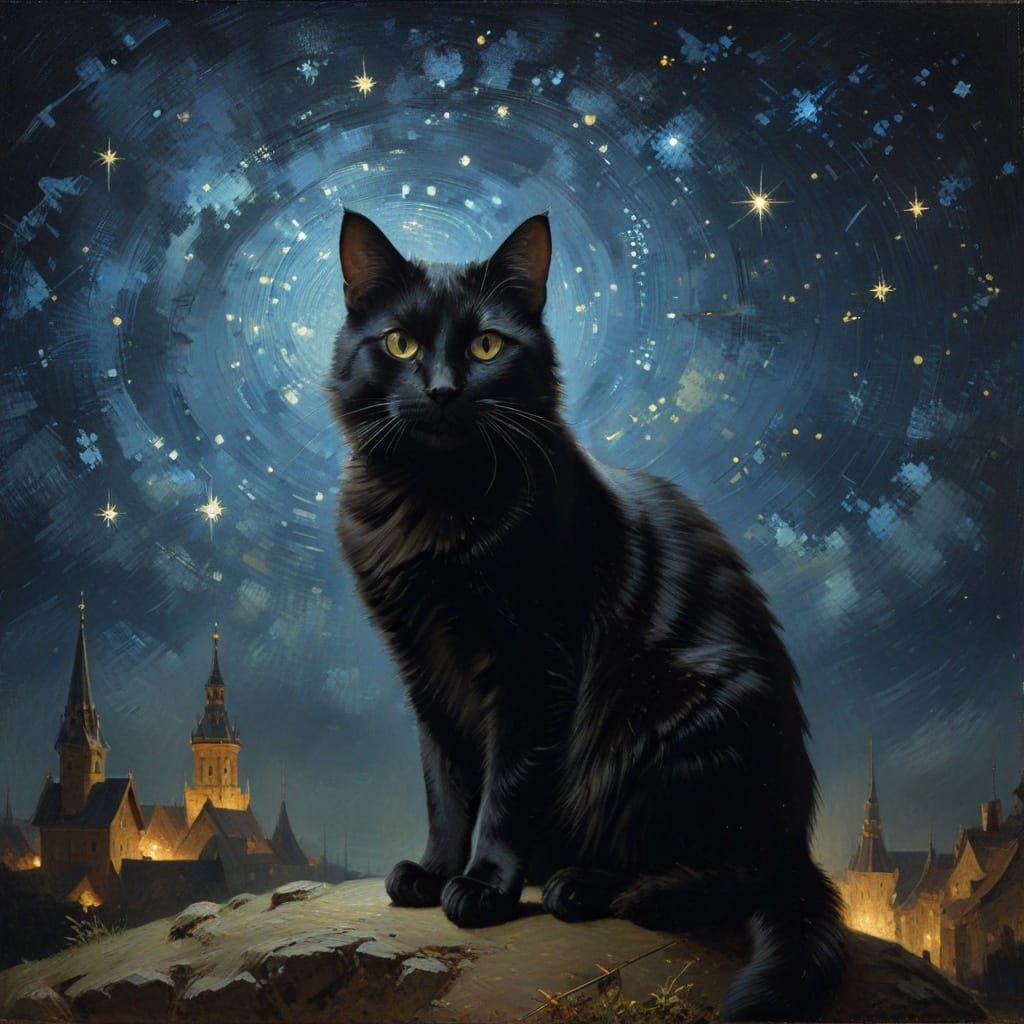 Ethereal Starry Night Scene with a Majestic Black Cat in Oil...