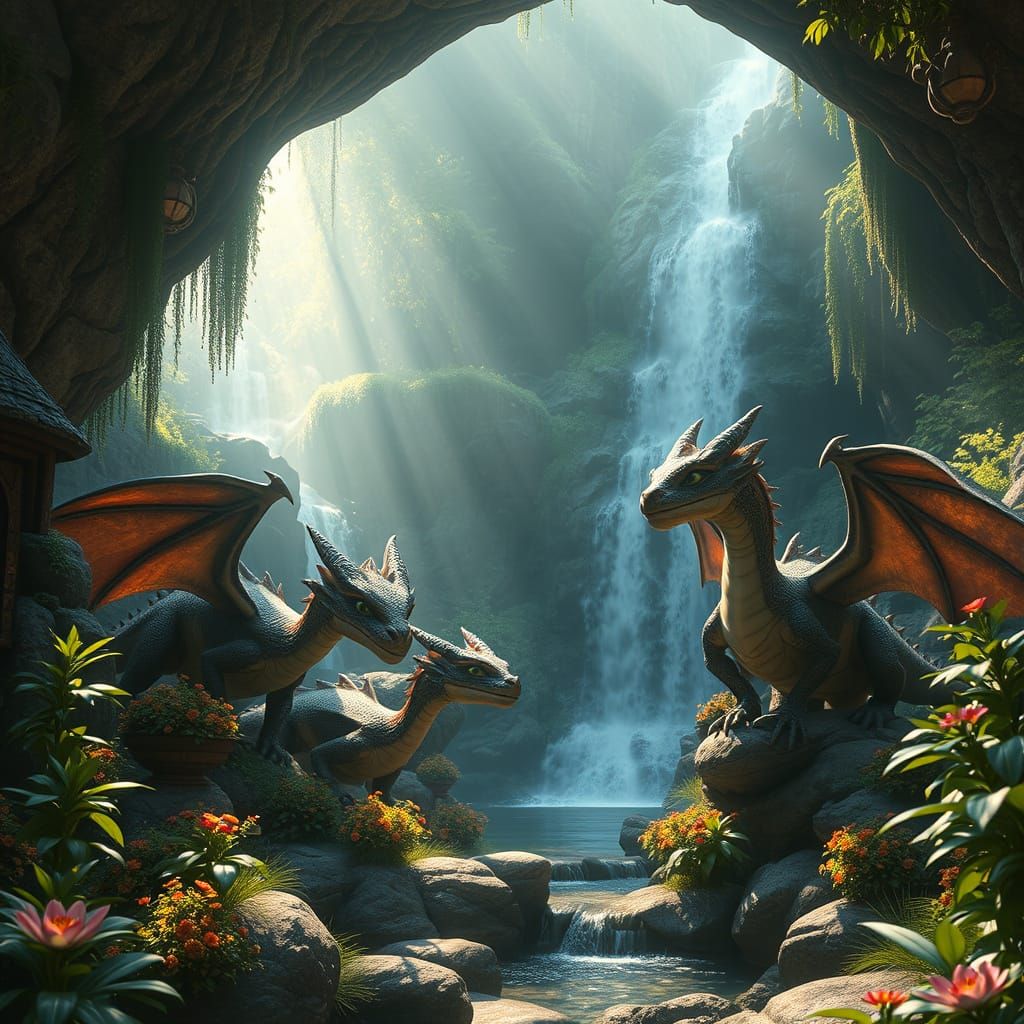Friendly Dragons in a Hyperrealistic Grotto Paradise