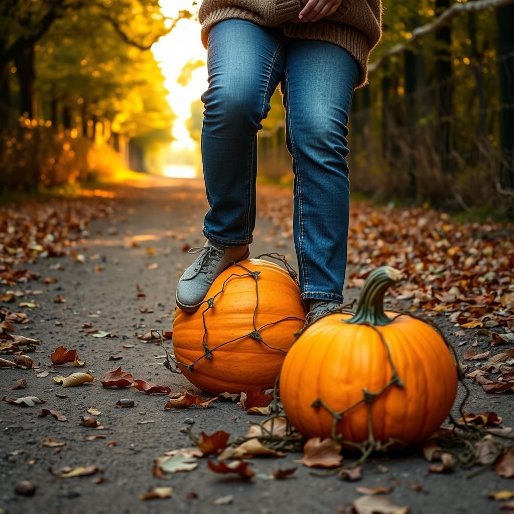 Person Slipping on Pumpkin in Autumn Sunlight