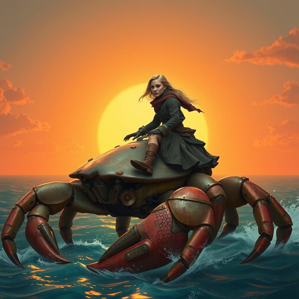 Pirate Woman Rides Crab Across Sunburnt Horizon