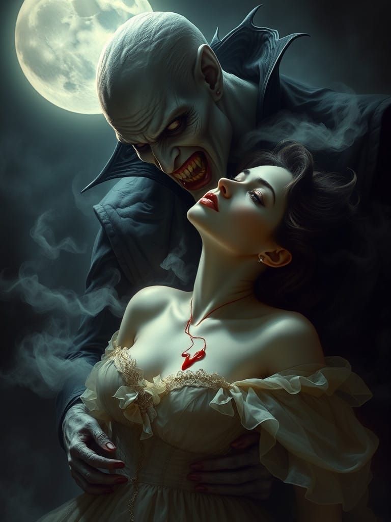 Ethereal Vampire Dracula in Moonlit Gothic Horror Scene