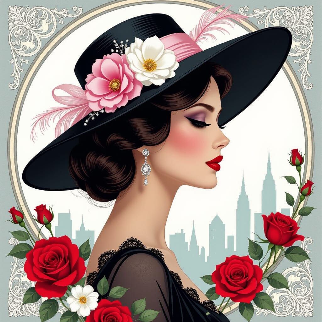Elegant Woman with Flowers in Art Nouveau Style