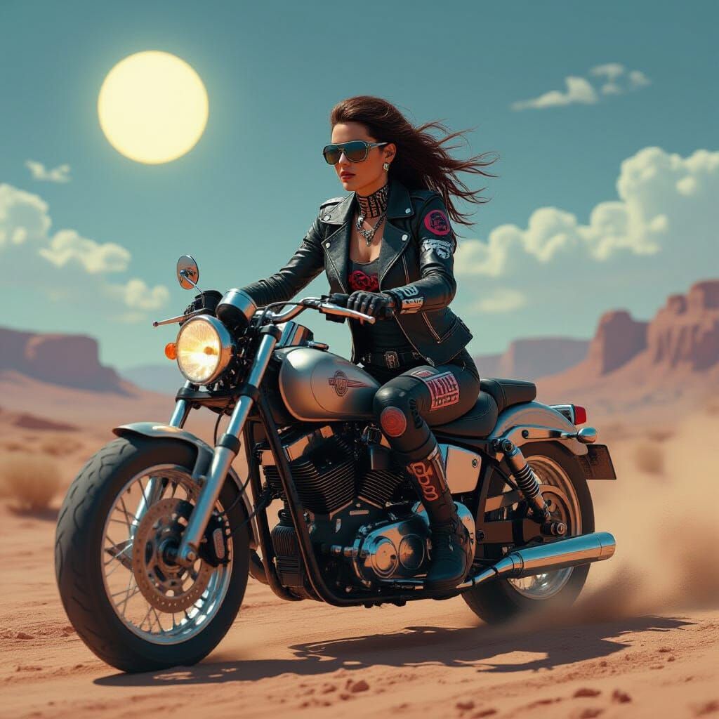 Cyberpunk Biker Rides Through Wasteland Landscape