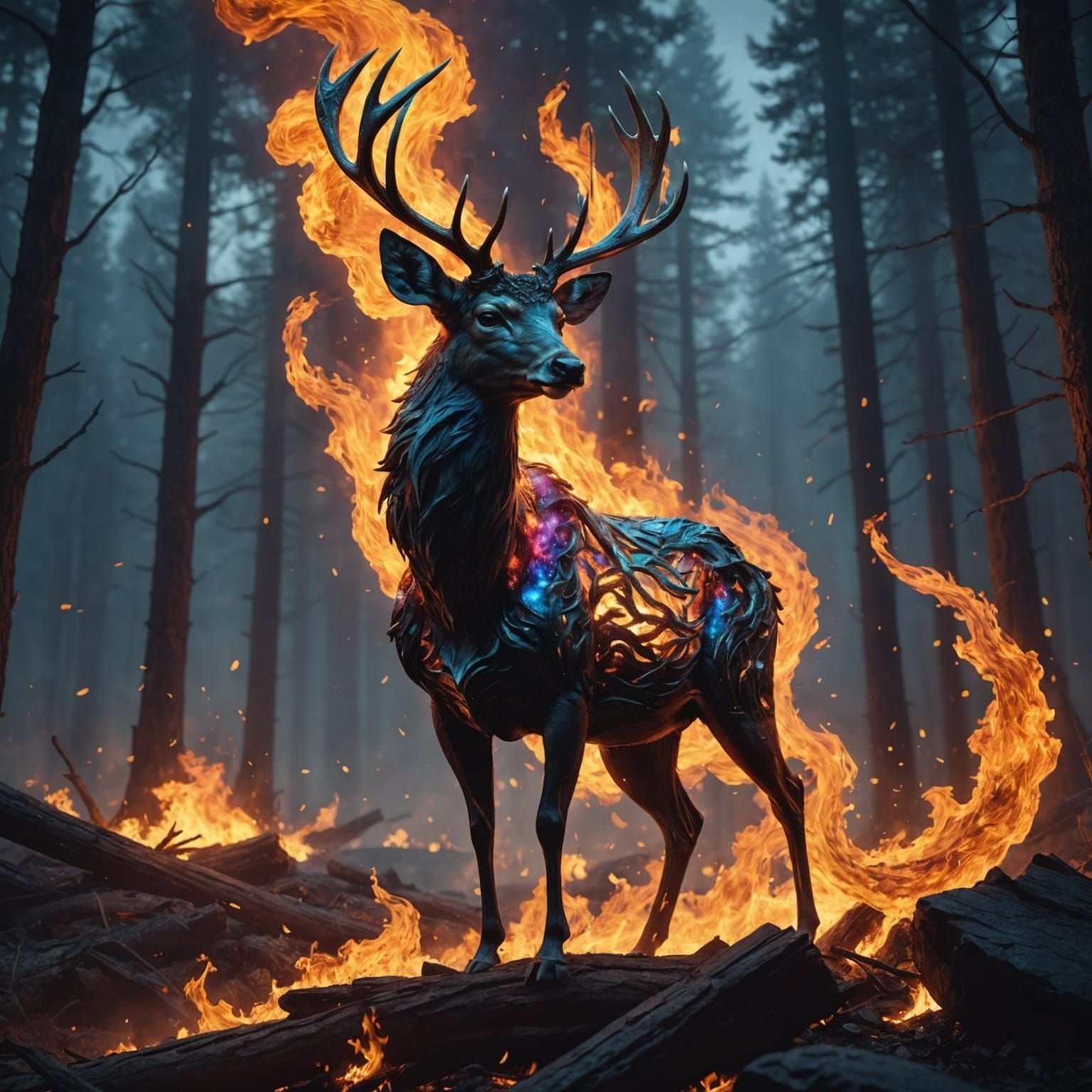 Galactic Deer Rising from Fire: Fantasy Concept Art